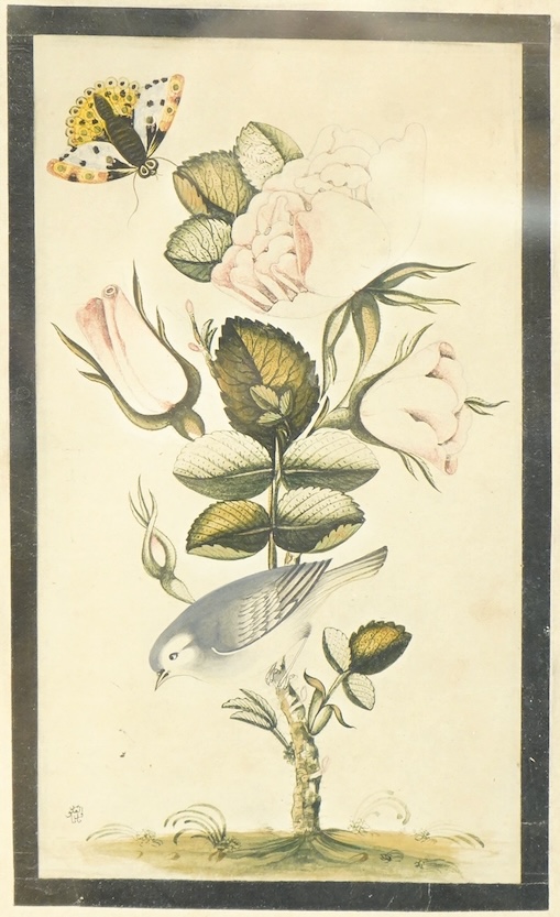 Persian school, Bird amongst flowers, signed, watercolour, 18 x 10cm